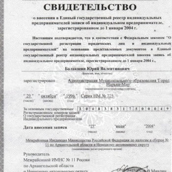 Свидетельство о внесении в ЕГРИП